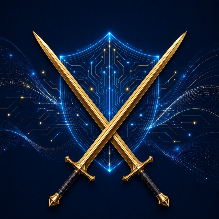 Dos Espadas, LLC emblem — gold crossed swords over a circuit-etched shield